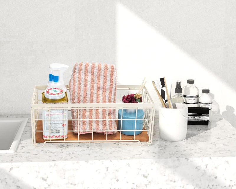 TIEYIPIN Metal Wire Storage Basket, Toilet Paper Roll Holder Wood Base Countertop Decor Box Toilet Tank Shelf Cabinet Organizer for Bathroom Pantry Garage Bedroom Livingroom (Cream White (2 Pack)) - Image 2